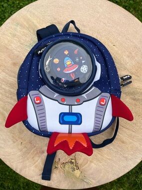 Kids Rocket Ship Backpack - Navy Blue with Red Accents